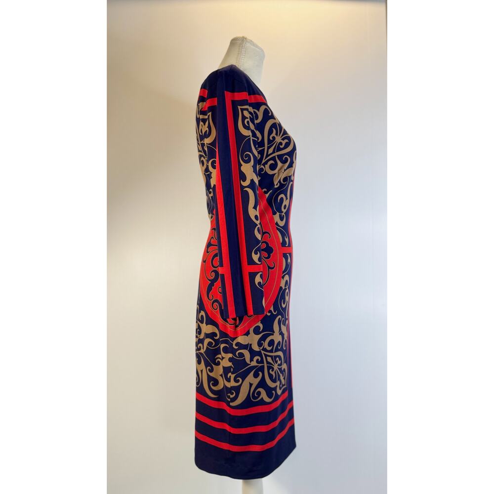Cache Bodycon Sheath Dress Baroque Navy Red Women’s Medium Boat Neck Geometric - Picture 4 of 16